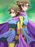  1boy 1girl black_eyes born_free breasts brown_hair cape circlet dragon_quest dragon_quest_iii dual_persona gloves loto medium_breasts roto short_hair 