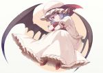  1girl bat_wings closed_mouth crossed_arms frilled_skirt frills full_body fuurin_(omaemona) hat hat_ribbon head_tilt long_skirt looking_at_viewer low_wings mob_cap puffy_sleeves purple_hair red_eyes red_shoes remilia_scarlet ribbon shoes short_sleeves sitting skirt smile solo touhou wings wrist_cuffs 