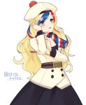  1girl belt beret blonde_hair blue_eyes blue_hair commandant_teste_(kantai_collection) cowboy_shot double-breasted flower hair_flower hair_ornament hat kantai_collection long_hair multicolored multicolored_clothes multicolored_hair multicolored_scarf pom_pom_(clothes) redhead scarf simple_background solo streaked_hair white_background white_hair yamashiki_(orca_buteo) 