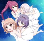  4girls :d ^_^ ahoge bare_shoulders barefoot blonde_hair blue_hair brown_eyes closed_eyes collarbone dress fang feet full_body furutani_himawari grey_hair hair_intakes hair_ornament hairband hairclip highres ikeda_chitose kamiki_uutarou multiple_girls oomuro_sakurako open_mouth ponytail purple_hair revision smile soles star_(sky) sugiura_ayano toes violet_eyes white_dress yuru_yuri 