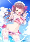  1girl :d bikini breasts brown_hair chikuwa. cleavage closed_eyes double_v dress half_updo highres idolmaster idolmaster_cinderella_girls long_hair looking_at_viewer medium_breasts miniskirt navel ocean one_side_up open_mouth sailor_dress shimamura_uzuki skirt sky smile solo striped striped_bikini swimsuit swimsuit_under_clothes thigh-highs v wading wet wet_clothes white_legwear 