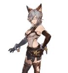  1girl animal_ears bangs bare_shoulders belt black_legwear breasts chains cleavage elbow_gloves erun_(granblue_fantasy) freesia_von_bismarck garter_straps glasses gloves granblue_fantasy hair_over_one_eye hand_on_hip looking_at_viewer medium_breasts minaba_hideo official_art serious short_hair silver_hair skirt solo thigh-highs torn_clothes torn_thighhighs transparent_background violet_eyes zettai_ryouiki 