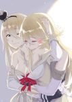  2girls bare_shoulders blonde_hair blue_eyes blush breasts cleavage closed_eyes collarbone commentary_request corset crown dress elbow_gloves fingerless_gloves flower gloves hair_between_eyes hairband hand_on_another&#039;s_head headgear_removed hug hug_from_behind iowa_(kantai_collection) jewelry kantai_collection large_breasts long_hair long_sleeves looking_at_viewer mini_crown multiple_girls necklace off-shoulder_dress off_shoulder red_ribbon red_rose ribbon rose simple_background smile tachikoma_(mousou_teikoku) warspite_(kantai_collection) white_dress yuri 