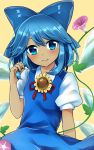  blue_dress blue_eyes blue_hair blush cirno dress flower hidden_star_in_four_seasons holding holding_hair ice ice_wings leaf looking_at_viewer mio1030 plant sunflower tan touhou vines wings 