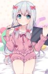  &gt;:( 1girl aqua_eyes artist_name bangs bedroom blush bow closed_mouth collarbone eromanga_sensei eyebrows_visible_through_hair frills frown grey_hair hair_bow holding index_finger_raised indoors izumi_sagiri long_hair long_sleeves looking_at_viewer omuretsu pajamas pink_bow polka_dot polka_dot_background signature sitting solo stylus tablet 