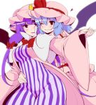 2girls bat_wings blue_hair blush bow commentary_request eichi_yuu fang hair_between_eyes hair_bow hand_holding hand_on_another&#039;s_stomach hat heart long_hair mob_cap multiple_girls one_eye_closed patchouli_knowledge purple_hair red_bow red_eyes remilia_scarlet short_hair smile striped touhou violet_eyes wide_sleeves wings yuri 
