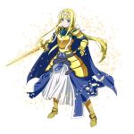  1girl alice_schuberg armor armored_boots armored_dress blonde_hair boots floating_hair full_body gauntlets hair_ribbon holding holding_sword holding_weapon long_hair ribbon simple_background solo standing sword sword_art_online very_long_hair weapon white_background white_ribbon 