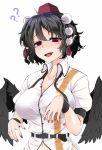  1girl ?? belt black_hair black_wings breasts collarbone collared_shirt dress_shirt feathered_wings hat highres large_breasts nail_polish navel open_mouth pointy_ears pom_pom_(clothes) red_eyes revision rihito_(usazukin) shameimaru_aya shirt short_hair simple_background smile solo sweat tokin_hat touhou upper_body white_background white_shirt wing_collar wings wrist_cuffs 