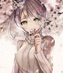 1girl bangs breasts cherry_blossoms eyebrows_visible_through_hair flower gambe_(seelunto) green_eyes grey_sweater hair_between_eyes hand_up holding holding_flower long_sleeves looking_at_viewer medium_breasts original petals pripara ribbed_sweater shikyouin_hibiki short_hair signature silver_hair smelling_flower solo sweater turtleneck turtleneck_sweater upper_body 