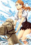  1girl alsea animal artist_name bare_arms bare_legs blouse blue_eyes bodice breasts camel cleavage clouds cloudy_sky cross-laced_clothes dated day dirndl frills german_clothes looking_afar looking_to_the_side medium_breasts nami_(one_piece) no_pants one_piece orange_hair puffy_short_sleeves puffy_sleeves riding short_sleeves sky smile snout solo standing swimming twintails water white_blouse 
