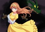  1girl blue_eyes blush breasts dragon dragon_lord dragon_quest dragon_quest_i dress gloves hyakuen_raitaa jewelry long_hair looking_at_viewer medium_breasts orange_hair princess princess_laura solo tiara 