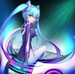  1girl ass black_bodysuit blue_eyes blue_hair blush bodysuit breasts eyebrows_visible_through_hair hair_ornament highres league_of_legends lee_seok_ho long_hair looking_at_viewer looking_back medium_breasts open_mouth sitting smile solo sona_buvelle tongue tongue_out twintails 