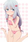  aqua_eyes bangs bare_shoulders barefoot blush bow bow_panties bra closed_mouth collarbone engiyoshi eromanga_sensei hair_bow izumi_sagiri long_hair navel panties pink_panties silver_hair underwear very_long_hair 