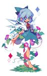  1girl amakusa barefoot blue_bow blue_dress blue_eyes blue_hair bow cirno dress flower from_side grass hair_bow hidden_star_in_four_seasons highres ice ice_wings neck_ribbon plant red_ribbon ribbon short_hair short_sleeves simple_background solo sparkle standing sunflower tan touhou vines white_background wings 