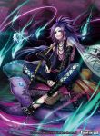  1boy cape copyright_name earrings eyepatch facial_tattoo fire fishing_rod force_of_will full_body jewelry long_hair male_focus matsurika_youko nail_polish necklace official_art piercing ponytail purple_hair red_eyes sandals shirtless sitting solo tattoo teeth turtle 