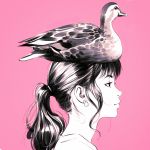 1girl animal animal_on_head bangs bird blunt_bangs blush closed_mouth commentary duck from_side greyscale hair_tie half-closed_eyes ilya_kuvshinov long_hair monochrome nose_blush on_head original pink_background ponytail sidelocks simple_background sketch smile solo upper_body 