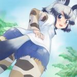  african_wild_dog_(kemono_friends) african_wild_dog_ears african_wild_dog_tail animal_ears ass blush commentary_request denim denim_shorts kemono_friends long_hair multicolored_hair open_mouth short_hair shorts t_jiroo_(ringofriend) tail 