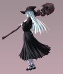  1girl black_dress closed_mouth dress from_side full_body hat highres holding holding_staff long_hair original pale_skin profile red_eyes silver_hair smile solo staff standing tenmaso witch witch_hat 