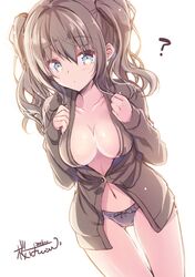  1girl 2016 backlighting blue_eyes breasts cleavage grey_hair kantai_collection kashima_(kantai_collection) long_sleeves no_bra open_clothes open_shirt panties purple_panties sakura_hanpen shirt signature solo thigh_gap underwear 