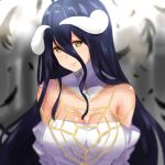  1girl ahoge albedo bare_shoulders black_hair black_wings breasts cleavage cowboy_shot demon_girl demon_horns dress hair_between_eyes horns isshiki_(ffmania7) large_breasts long_hair looking_at_viewer overlord_(maruyama) smile solo upper_body very_long_hair wings yellow_eyes 