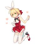  1girl animal_ears blonde_hair blush breasts bunny_tail cleavage dress fate/extra fate_(series) full_body garter_straps green_eyes hair_intakes hair_ribbon high_heels jumping medium_breasts munuko open_mouth rabbit_ears red_dress ribbon saber_extra smile solo tail thigh-highs underbust white_legwear wrist_cuffs 