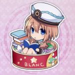  1girl :o absurdres blanc blue_eyes book book_stack brown_hair can chibi full_body fur_trim hat highres holding holding_book in_container knees_up looking_at_viewer minigirl neptune_(series) official_art pink_background short_hair sitting solo source_request tsunako 