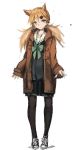  1girl animal_ears blonde_hair full_body girls_frontline green_eyes hair_ornament hairclip idw_(girls_frontline) jacket looking_at_viewer oversized_clothes pantyhose school_uniform skirt solo twintails unitsu 