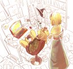  2girls alice_margatroid blonde_hair book bookshelf bow braid capelet chair computer controller cup desk dress game_controller hair_bow hat hat_removed headwear_removed highres indoors kirisame_marisa lamp laptop menbou_(nonnontako) mug multiple_girls short_hair sitting touhou witch_hat yellow_eyes 