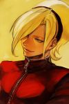  1boy ash_crimson blonde_hair blue_eyes hair_over_one_eye hairband hankuri jacket male_focus portrait simple_background smile snk solo the_king_of_fighters upper_body zipper 