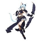  1girl animal_ears armor armored_boots arrow black_boots black_ribbon blue_eyes blue_hair boots bow_(weapon) breasts cat_ears cat_tail cleavage full_body gauntlets hair_between_eyes hair_ribbon holding holding_arrow holding_weapon knee_boots looking_at_viewer medium_breasts midriff navel one_eye_closed ribbon shinon_(sao-alo) short_hair_with_long_locks sidelocks simple_background smile solo spaulders standing stomach sword_art_online tail underwear weapon white_background 