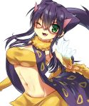  1girl bad_hands bazumi breasts cleavage fang glasses green_eyes groin liepard long_hair looking_at_viewer medium_breasts midriff navel one_eye_closed open_mouth personification pokemon purple_hair smile solo 