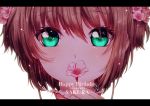  1girl 2016 brown_hair card_captor_sakura character_name dated eyebrows_visible_through_hair flower green_eyes hair_between_eyes hair_flower hair_ornament happy_birthday holding holding_flower kinomoto_sakura looking_at_viewer pink_flower portrait short_hair signature simple_background solo white_background yvonne_(a715042007) 