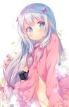  1girl blue_eyes blush bow eromanga_sensei eyebrows_visible_through_hair hair_bow izumi_sagiri long_hair long_sleeves looking_at_viewer mitsumomo_mamu pink_bow silver_hair solo 