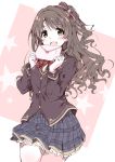  1girl blazer blush brown_eyes brown_hair half_updo highres idolmaster idolmaster_cinderella_girls idolmaster_cinderella_girls_starlight_stage jacket letter long_hair looking_at_viewer love_letter love_letter_(idolmaster) one_side_up open_mouth plaid plaid_skirt school_uniform shimamura_uzuki sketch skirt smile solo star yabudatami 