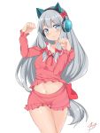  1girl animal_ears aori_sora bangs blue_eyes blush bow cat_ear_headphones cowboy_shot eromanga_sensei fake_animal_ears hair_bow headphones highres izumi_sagiri long_hair looking_at_viewer navel paw_pose pink_bow signature silver_hair simple_background sleepwear thighs wavy_mouth white_background 