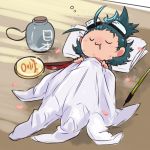  1boy :3 black_hair chibi facial_hair gloves male_focus miniboy nihongou_(touken_ranbu) ponytail putegoya sake_jug shiny sleeping smile solo stubble touken_ranbu white_gloves 