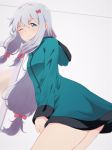  1girl bangs blurry blush bow closed_mouth eromanga_sensei green_jacket izumi_sagiri jacket long_hair looking_at_viewer no_pants one_eye_closed pink_bow silver_hair solo taka-chan tears very_long_hair 