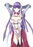  1girl absurdres arms_up bangs blue_eyes blue_hair blunt_bangs breasts emoshon fate/grand_order fate_(series) gauntlets gluteal_fold hair_ribbon highres large_breasts leotard long_hair medium_breasts navel parted_lips purple_hair red_legwear ribbon saint_martha sidelocks simple_background solo thigh-highs white_background 