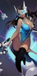  1girl adapted_costume akito1179 black_hair black_legwear breasts brown_eyes brown_hair dark_skin dress earrings forehead_jewel headgear highres jewelry lips long_hair looking_at_viewer mechanical_arm medium_breasts necklace open_mouth overwatch sleeveless sleeveless_dress smile solo symmetra_(overwatch) thigh-highs visor 