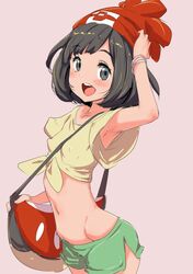  1girl arm_up armpits bag beanie black_eyes black_hair bracelet clearite erect_nipples female_protagonist_(pokemon_sm) front-tie_top groin hand_on_headwear hat jewelry lowleg lowleg_shorts midriff navel open_mouth pokemon pokemon_(game) pokemon_sm shirt short_hair short_shorts shorts smile solo t-shirt 