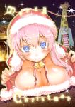  2girls aqua_eyes aqua_hair bell blue_eyes blush breasts christmas cleavage closed_mouth dutch_angle english giraffe_costume hat hatsune_miku hitotose_rin large_breasts long_hair looking_at_viewer megurine_luka merry_christmas multiple_girls pink_hair revision santa_costume santa_hat sketch smile sparkle twintails very_long_hair vocaloid 