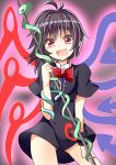  1girl :d aki_chimaki antenna_hair bangs black_dress black_hair bow bowtie cowboy_shot dress eyebrows_visible_through_hair fang gluteal_fold holding houjuu_nue looking_at_viewer open_mouth red_bow red_bowtie red_eyes short_sleeves smile snake solo standing touhou wings 