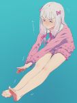  &gt;_&lt; /\/\/\ 1girl :&lt; aqua_background bangs bare_legs barefoot bow closed_eyes closed_mouth commentary_request eromanga_sensei feet frills grey_hair hair_bow highres izumi_sagiri leaning_forward legs_together long_hair long_legs long_sleeves pajamas pink_bow simple_background soe soles solo stretch thighs toes trembling 