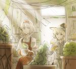  2girls alice_margatroid apron blonde_hair blouse blue_eyes bow braid gloves hair_bow hat indoors kirisame_marisa menbou_(nonnontako) multiple_girls o3o plant potted_plant shelf short_hair touhou window witch_hat yellow_eyes 