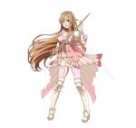  1girl :d asuna_(sao) breasts brown_eyes brown_hair choker cleavage floating_hair full_body hair_ornament holding holding_sword holding_weapon long_hair looking_at_viewer medium_breasts miniskirt navel open_mouth pink_legwear pointy_ears ribbon_choker simple_background skirt smile solo standing sword sword_art_online thigh-highs very_long_hair weapon white_background white_skirt 