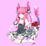  1girl blue_eyes blush cake fate/extra fate/extra_ccc fate_(series) food fork horns lancer_(fate/extra_ccc) long_hair munuko pink_hair pointy_ears smile solo tail 
