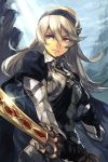  1girl armor cape fire_emblem fire_emblem_if hairband hankuri my_unit_(fire_emblem_if) red_eyes sky solo sword weapon white_hair 