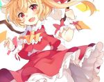  1girl :d ascot blonde_hair bloomers blush clenched_hand collared_shirt fang flandre_scarlet hat jumping looking_at_viewer mob_cap open_mouth paragasu_(parags112) petticoat puffy_short_sleeves puffy_sleeves red_eyes shirt short_hair_with_long_locks short_sleeves side_ponytail skirt skirt_set smile solo touhou underwear vest wings 