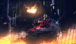  1girl blonde_hair breathing_fire castle dragon fence fire flandre_scarlet from_behind highres revision ryosios short_hair smoke standing sword touhou weapon wings 
