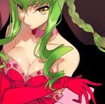  1girl alternate_costume alternate_hairstyle bangs bare_shoulders black_background braid breasts c.c. code_geass collarbone creayus dress drill_hair elbow_gloves eyebrows_visible_through_hair floral_print from_above gloves green_hair hair_tie lips long_hair looking_at_viewer looking_up medium_breasts parted_lips pink_choker pink_lips red_dress red_gloves see-through shiny shiny_hair shiny_skin sidelocks simple_background single_braid smile solo strapless strapless_dress tsurime upper_body veil yellow_eyes 
